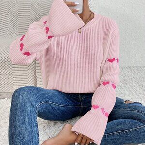 Pink Casual Womens Heart Pattern Flare Sleeve Sweater